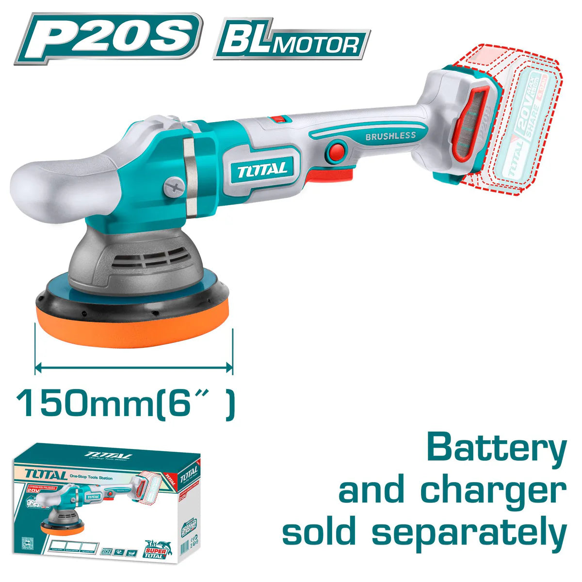 TOTAL 20V Lithium-Ion Brushless Polisher 150mm (6") TAPLI2015 Total